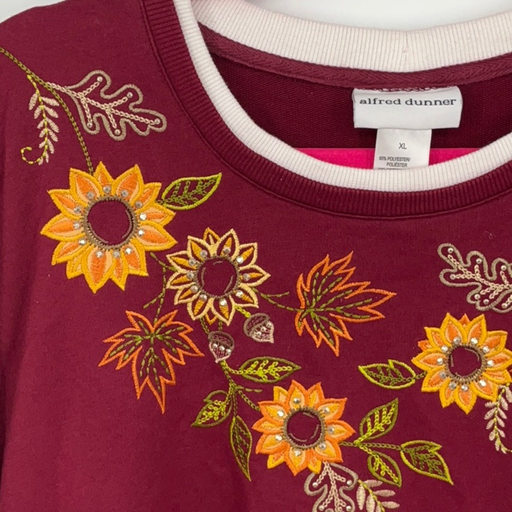 Maroon shirt with floral embroidery and Alfred Dunner label