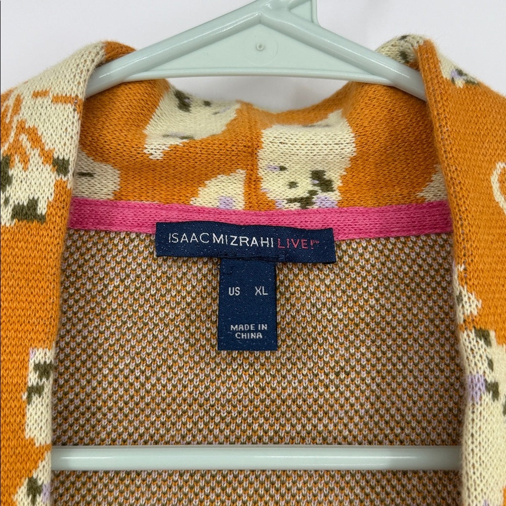 Isaac Mizrahi Live Mustard Floral Heavy Weight Cardigan Sweater Size XL Cotton