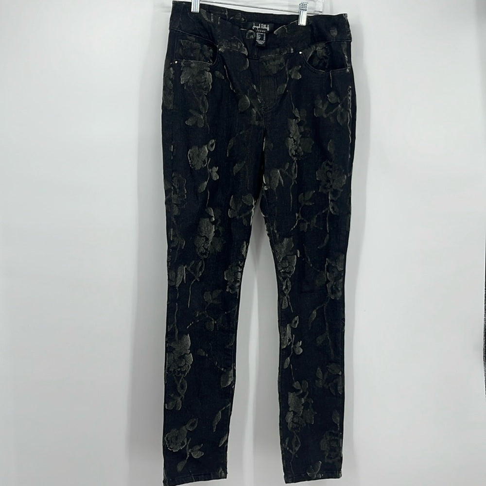 Black floral-patterned pants on a white background